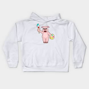 Pig at Painting with Brush & Colour Kids Hoodie